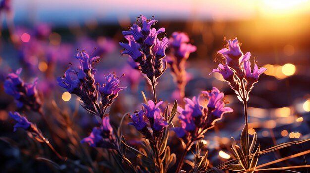 Photo lavender flower sunset or sunrise sky yellow light on golden hours