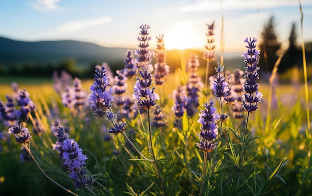 夕暮れ時のラベンダーの花