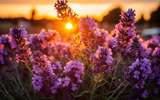 夕暮れ時のラベンダーの花