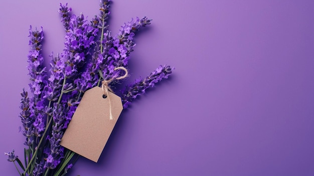 Lavender flowers adorned with a blank tag placed on a purple surface