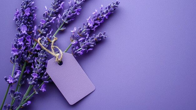 Цветы лаванды, украшенные пустой табличкой, помещенной на фиолетовую поверхность