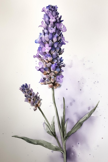 Lavender flowers are painted in watercolor and ink on a white background generative ai