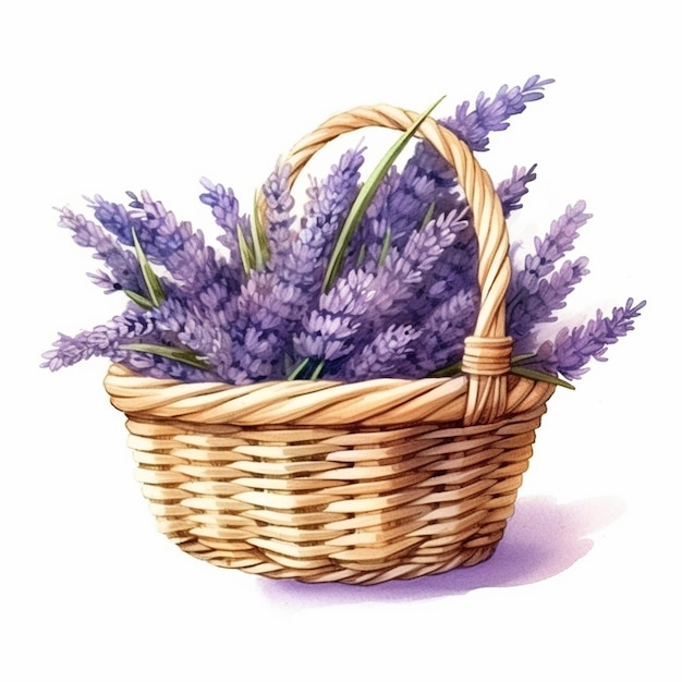 Lavender flowers in a basket on a white background generative ai