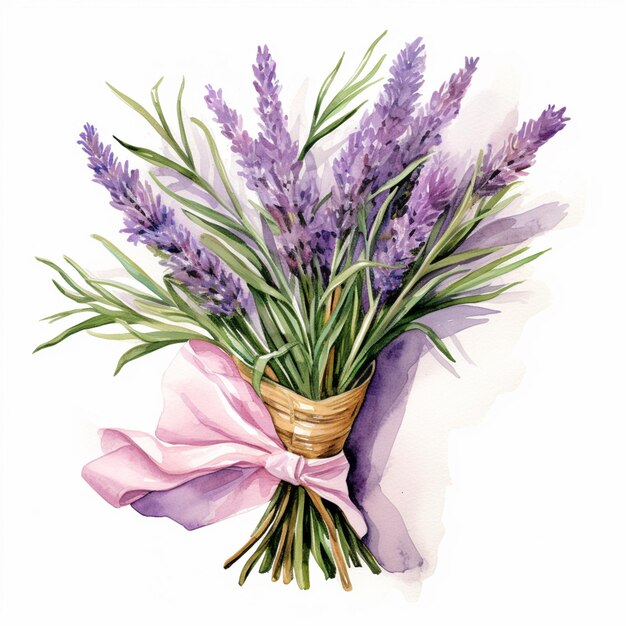 Lavender flowers in a basket with a pink bow on a white background generative ai