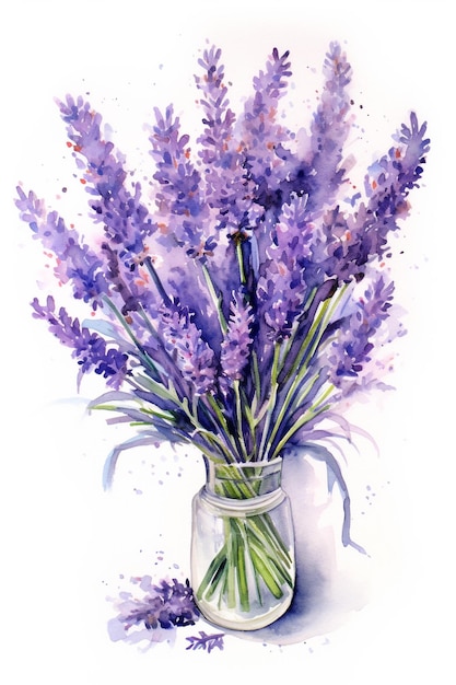 Lavender flowers bouquet watercolor on white background