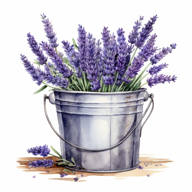 lavender flowers in a bucket on a table with a white background generative ai