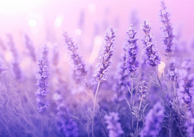 Lavender flowers field background solid color blur floating perfume mine flat depicting flower arbor