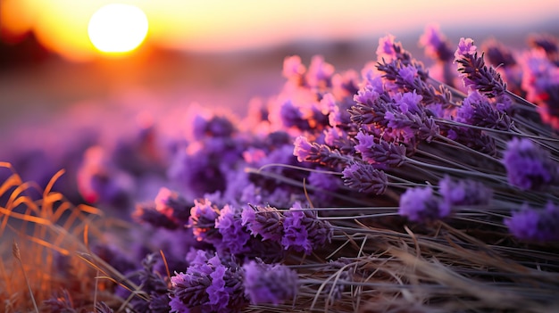 夕暮れ時の野原のラベンダーの花 美しい自然の背景