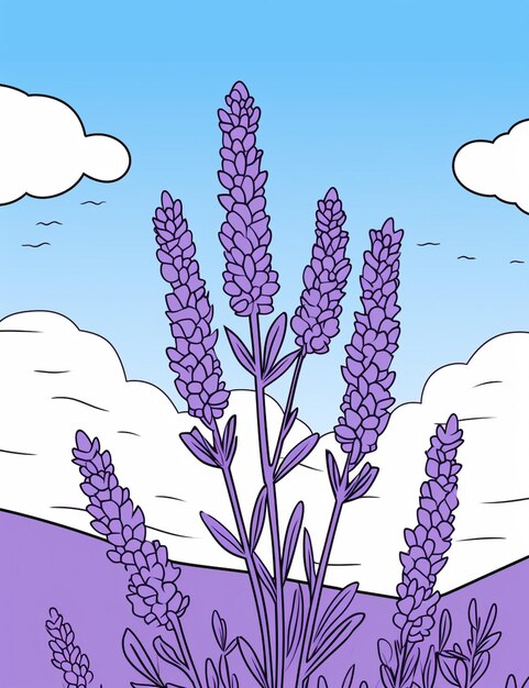 Lavender flowers in a field with a blue sky and clouds generative ai