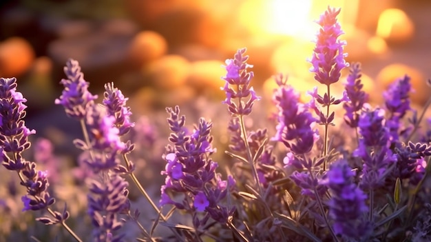 lavender flowers in a field with the sun setting in the background generative ai