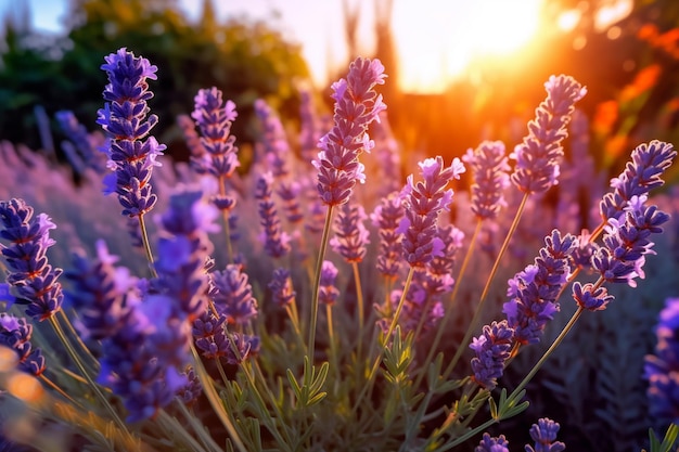 lavender flowers in a field with the sun setting in the background generative ai