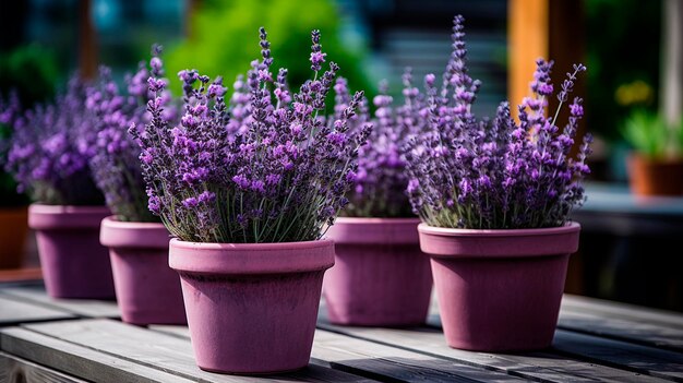 Lavender flowers in flowerpots in the yard Generative AI Nature