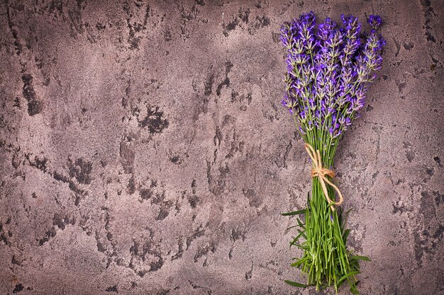 傷のある灰色のコンクリートの背景にラベンダーの花