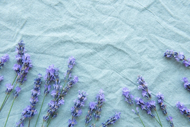Lavender flowers and leaves creative frame on a textile background
