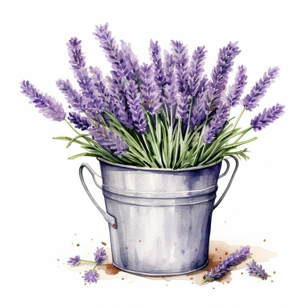 lavender flowers in a metal bucket on a white background generative ai