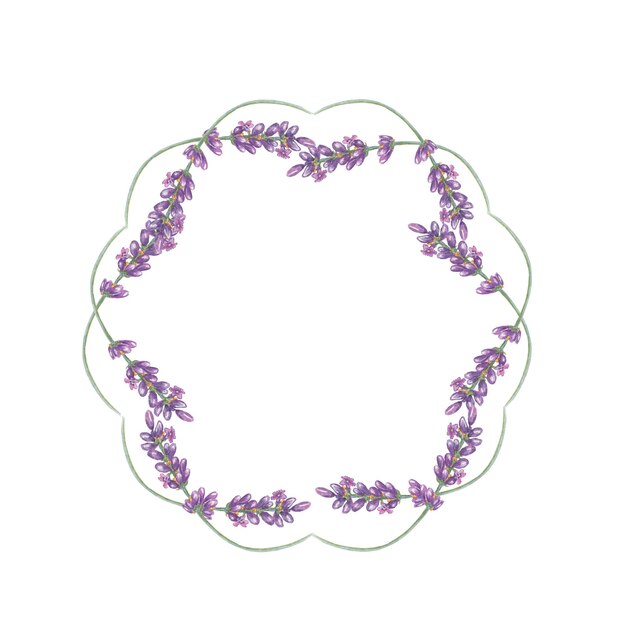 Foto fiori di lavanda cornice rotonda viola e viola ghirlanda di fiori selvatici disegno floreale vintage modello acquerello per inviti a nozze etichetta regalo