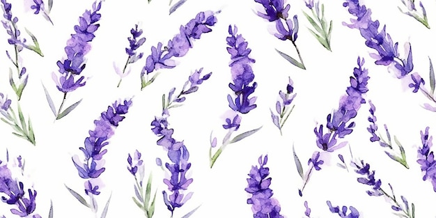 Lavender flowers seamless pattern isolated on white background Watercolor hand drawing botanical illustration For card wallpaper packaging invitation