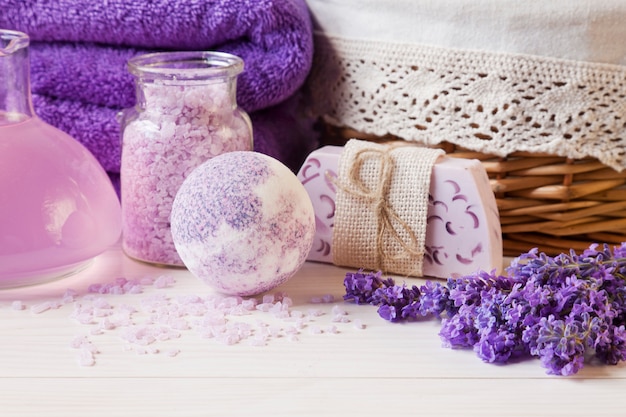 Lavender flowers, soap, aromatic sea salt and towels. 