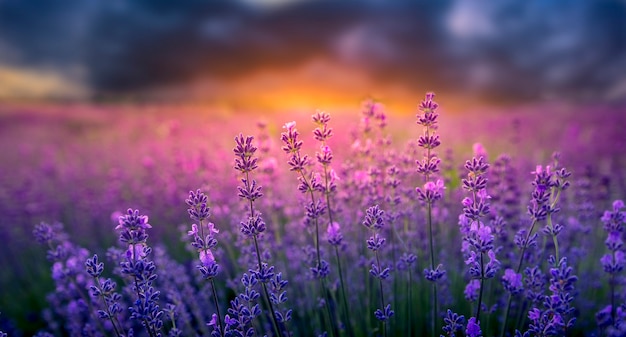 Lavender flowers, sunrise or sunset and storm clouds. Wonderful summer evening on a flowering field. Selective focus. Macro.