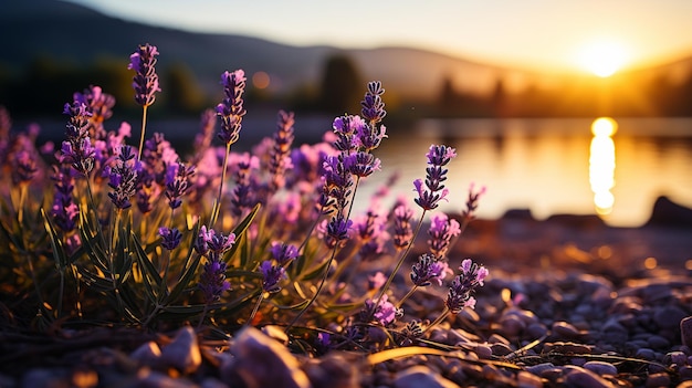 夕日の中のラベンダーの花