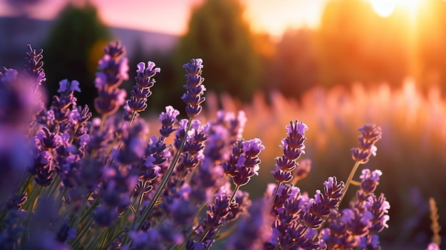 夕暮れ時のラベンダーの花