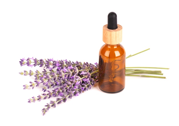 Lavender flowers with glass bottle for essential oil, isolated on white background. Medicinal herbs and oils.