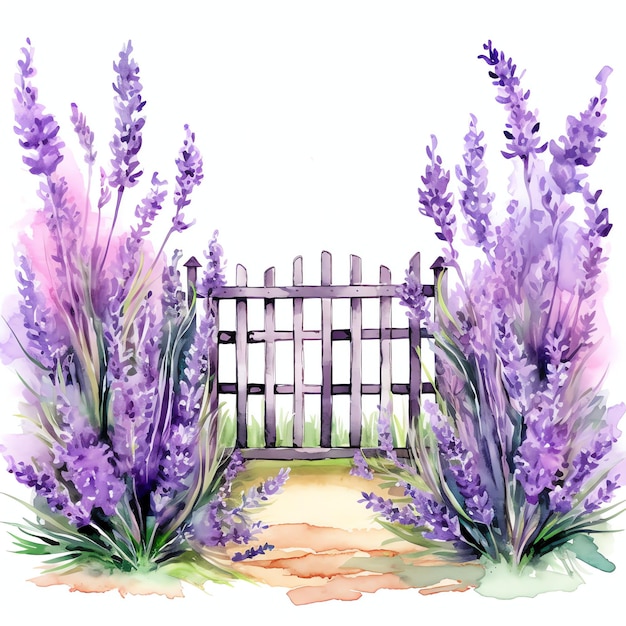 Lavender garden fence with flowers illustration spring floral clipart