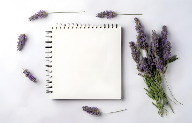 lavender herbs and empty notebook on grey snowy background top view