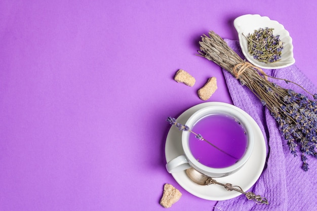 Lavender hot tea flower drink in ceramic cup