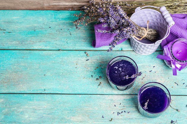 Lavender hot tea on vintage wooden table