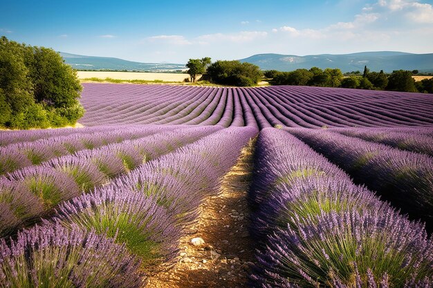 Lavender landscape in the style of Provence Manicured rows of lavender at sunset
