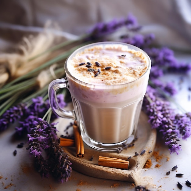 lavender latte drink with syrup on beige stone with wood bark moss and lavender flowers