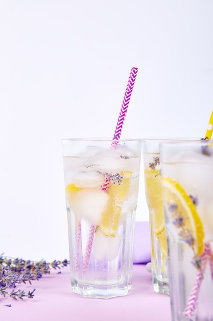 Lavender lemonade with lemon and ice