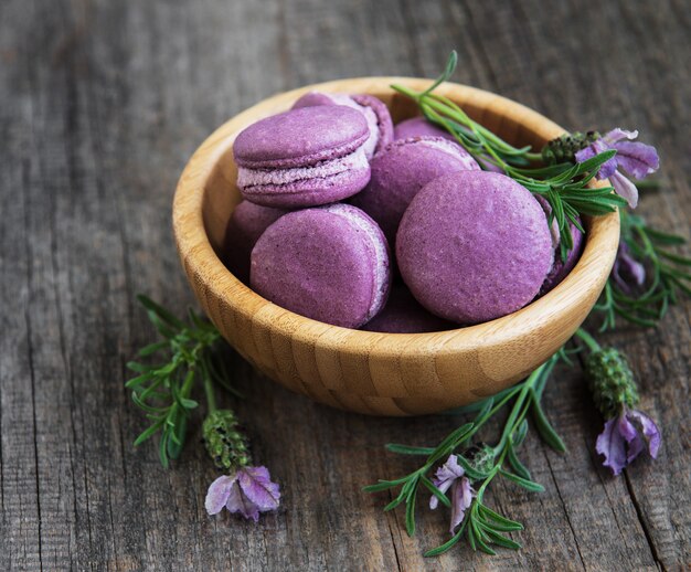 Lavender macarons in wood bowl 