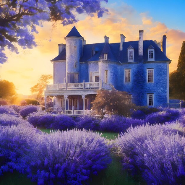 Photo the lavender maryland mansion with delphinium flowers growing around the area