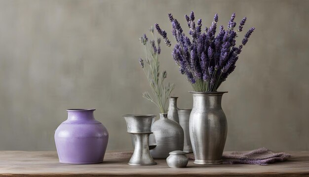 Photo lavender in metal vase on table