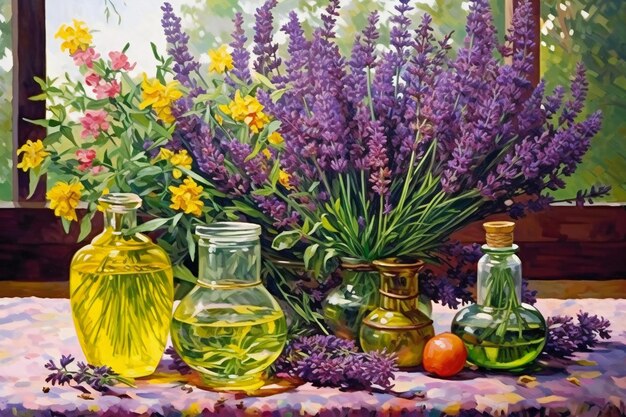 Lavender oil in glass bottles and fresh lavender flowers on the windowsill