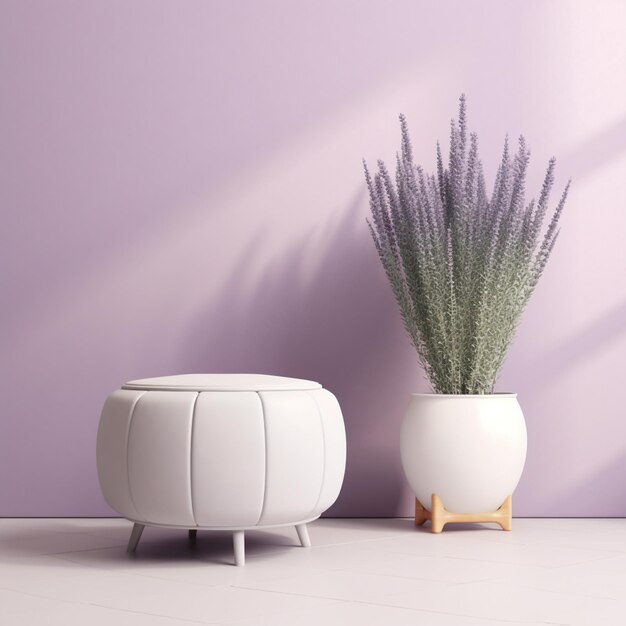 lavender plant in a white pot next to a white stool generative ai