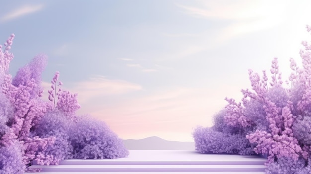 Lavender podium flower background purple product nature platform stand summer 3d table cosmetic podium lilac abstract field studio beauty flower spring lavender floral display plant backdrop crystal