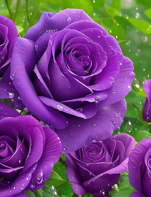 Lavender or purple roses with many raindrops of dew in the morning generated by ai