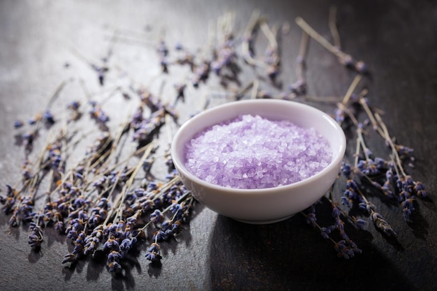 Lavender's bath salt and dried flowers of lavender