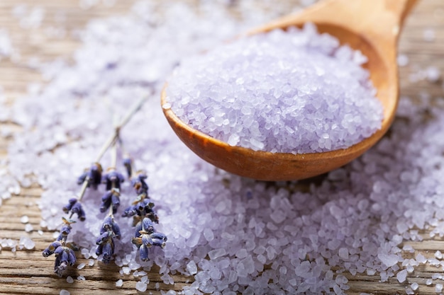 Lavender's bath salt on a wooden spoon