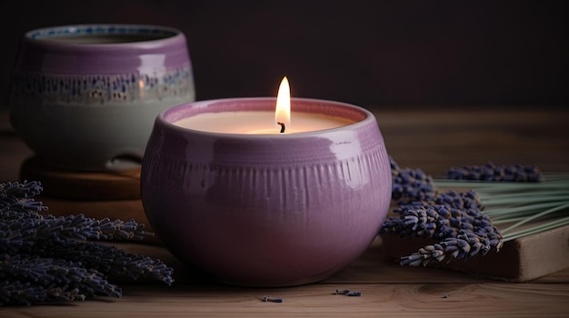 A lavender scented candle sits on a table next to a lavender lavender candle.