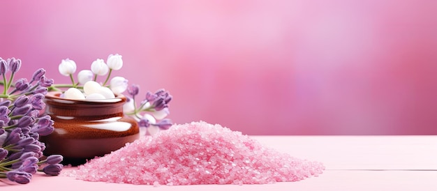 Lavender Sea Salt With Natural Spa Products On A Pink Background Banner Copy Space