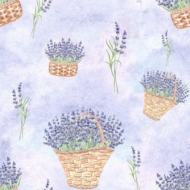 Lavender seamless pattern bouquet of purple flowers in wicker baskets watercolor hand drawn