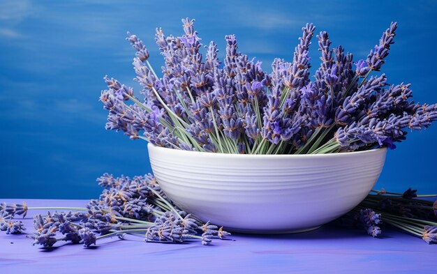 Lavender set in a white bowl on a blue background