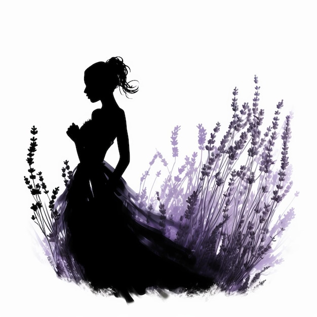 Lavender Silhouette Vector Delicate Watercolor Landscape In Black Dress