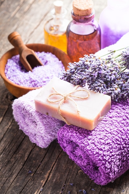 Lavender spa - essential oil, seasalt, violet towels and handmade soap