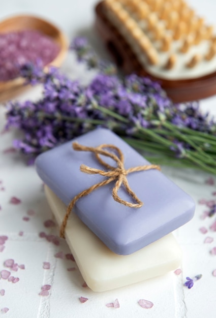 Lavender spa Essential oils sea salt  towels and handmade soap