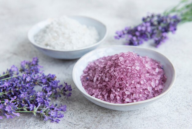 Lavender spa.  Natural herb sea salt with lavender flowers